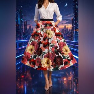 White House Black Market Floral A-Line Midi Skirt Size 10